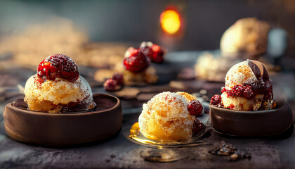 Delicious strawberry dessert with vanilla ice cream. Close-up, shallow depth of field. 3d-render generated with ai.