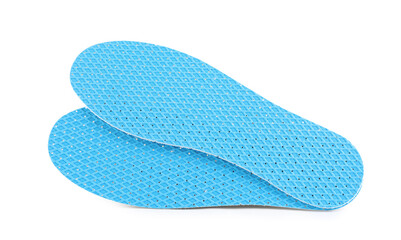 Pair of breathable shoe insoles isolated on white, top view