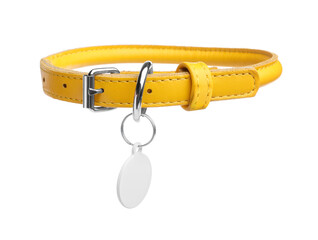 Yellow leather dog collar with tag isolated on white