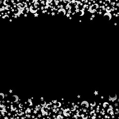 glitter silver metallic moon and stars confetti scatter frame on a black background