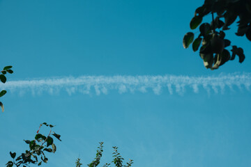 Traces of the jet engine of the plane in the summer sky