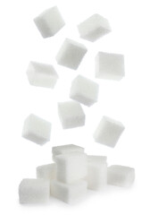 Flying cubes of sugar on white background