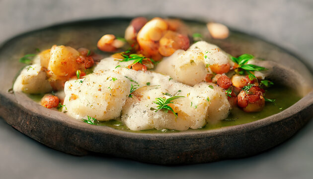 Close-up of fried cod loin with vegetable roast potatoes and cherry tomatoes on wooden table. Concept generated in Ai.