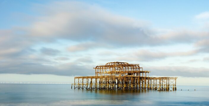 Panoramic Scenery Of The West Pier In Brighton, England Designed By Eugenius Birch In The Sea