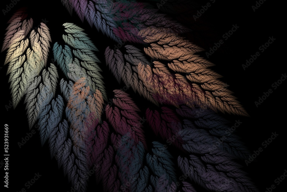 Poster 3d render of colorful fractal wings pattern isolated on a black background