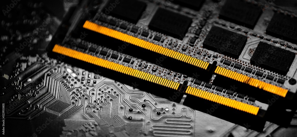 Poster macro close up of computer ram chip and motherboard