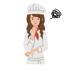 立って手をあごにあてて困っている調理師の女性