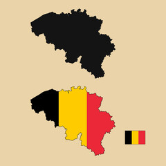 Vector of Belgium country outline map with flag set isolated on plain background. Silhouette of country map can be used for template, report, and infographic.