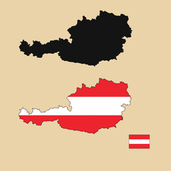 Vector of Austria country outline map with flag set isolated on plain background. Silhouette of country map can be used for template, report, and infographic.