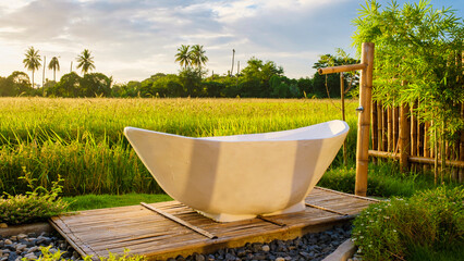 white bathtub outside looking out over a green rice field, bath tub outside on vacation at a...