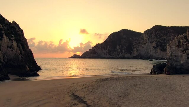 Maruata Beach Against Sunset Sky In Michoacan, Mexico - drone shot