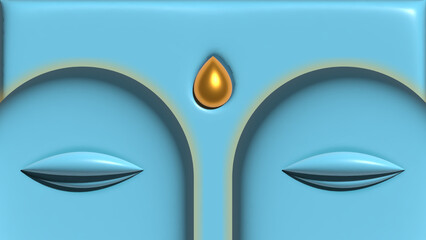 4K wallpaper for your desktop. 3D blue face of an Indian deity with a golden drop on his forehead. Buddha eyes. Keeper of the home. Poster with a talisman.