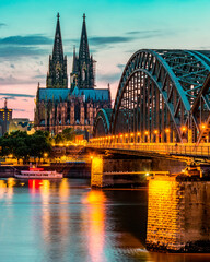 Cologne Koln Germany during sunset, Cologne bridge with the cathedral. beautiful sunset at the...