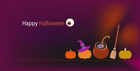 Vector banner cute Halloween icons: ghosts, zombie eye,  pumpkin, spiders. Doodle collection with holiday decorations. Funny Halloween greeting card.