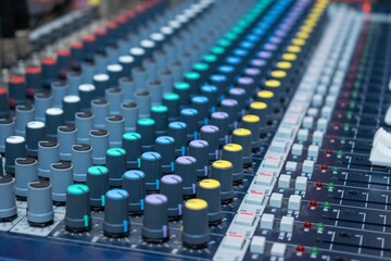 Closeup of a mixing board with XLR inputs and colorful buttons