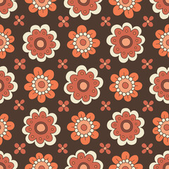 Monochrome Orange and Brown Small Scale Hand-Drawn Floral Vector Seamless Pattern. Retro 70s Style Nostalgic Fashion Textile Bold Background. Summer Resort Print. Daisies. Flower Power
