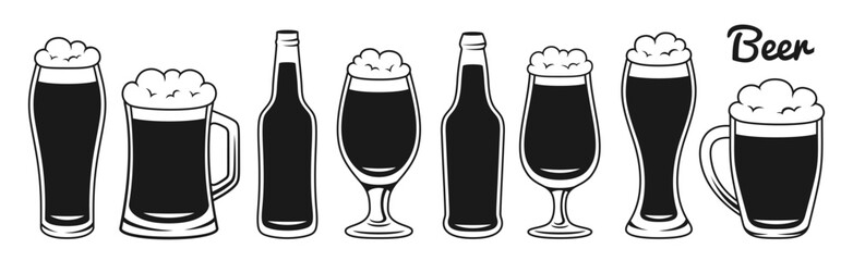 Beer bottle or glass, mugs retro doodle monochrome set. Brewery, bar, pub festival Oktoberfest engraving. Different types alcohol beer dark, wheat, ale, cider, lager. Design poster, menu, invitation