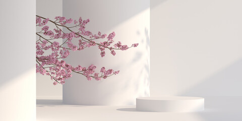 japanese style architect and sakura tree with podium white background. 3d rendering for presentation branding, product, cosmetic and illustration.
