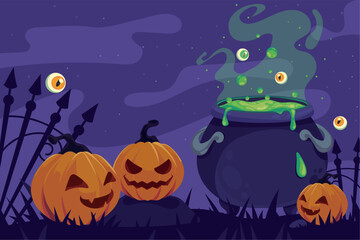 halloween cauldron and pumpkins