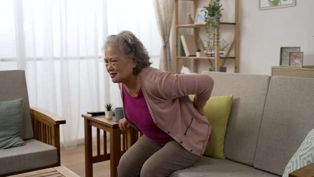 Asian grandma suffering chronic backache is dropping down in the couch and massaging her lower back in pain while trying to stand up in the living room at home