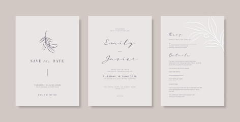 Wedding invitation template with engraved leaves. Simple and minimalist wedding engagement template