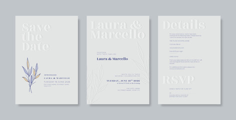 Fototapeta na wymiar Engraved wedding card design with beautiful floral, luxury wedding invitation with simple and minimalist style