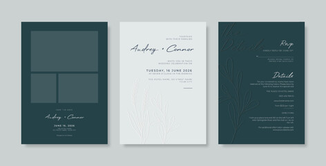 Green engraved wedding card design template. set of luxury wedding invitation with engraved leaves