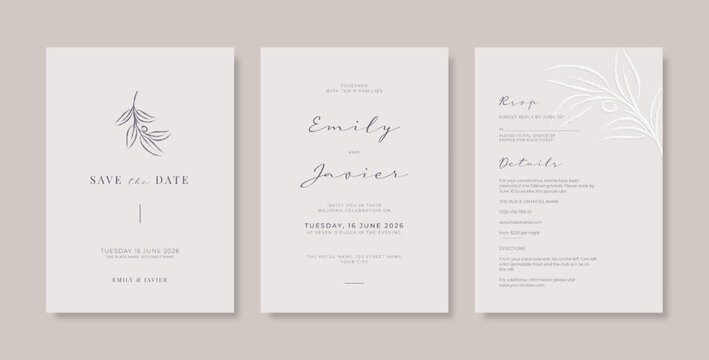 Wedding Invitation Template With Engraved Leaves. Simple And Minimalist Wedding Engagement Template