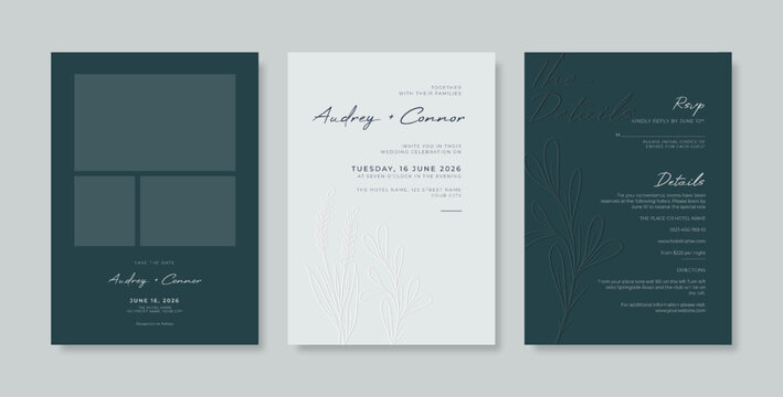 Green Engraved Wedding Card Design Template. Set Of Luxury Wedding Invitation With Engraved Leaves