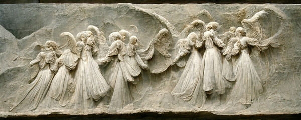 Angels carved in marble in bas-reliefs in the pulpit of the Cathedral. Close up. 3d-render generated with ai.