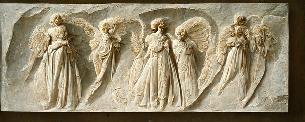 Angels carved in marble in bas-reliefs in the pulpit of the Cathedral. Close up. 3d-render generated with ai.