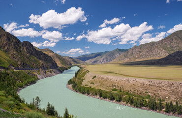 Fototapeta na wymiar Altai natural landscape with river Katun under blue sky with clouds.