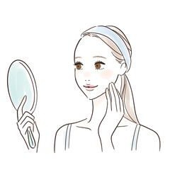 鏡を見て微笑む女性のイラスト