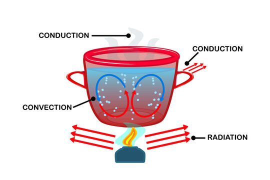 Heat transfer. Convection currents labeled diagram. Warm and cool molecules energy movement cycle scheme. Liquid substance convective heat transfer infographic.Boiling water in pot.Vector illustration