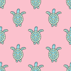 Blue sea turtles on pink seamless pattern vector illustration. Hand-drawn cartoon turtles surface design by blue, green and pink pastel colors. Simple regular seamless pattern for summer mood