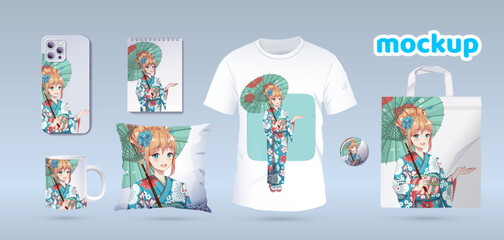 Anime girl in kimono. Prints on t-shirts, cases, souvenir - obrazy, fototapety, plakaty