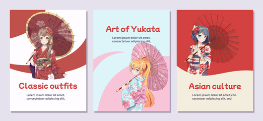 Poster flyer anime manga girls in kimono holding umbrella - obrazy, fototapety, plakaty