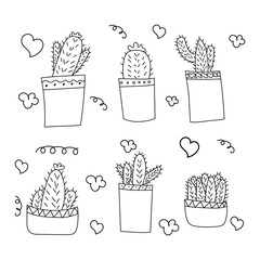 Set of cacti in style of doodles on white background