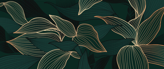 Abstract foliage line art vector background. Luxury gold wallpaper of green tropical leaves, plants in hand drawn pattern. Elegant line art of summer jungle for banner, prints, decoration, fabric.