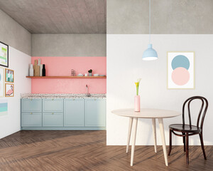 Minimalist kitchen room with blue pastel cabinets and pink pastel wall, wood table set and wood floor.3d rendering