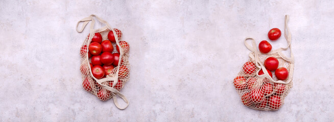 Large raw red tomatoes in a mesh bag