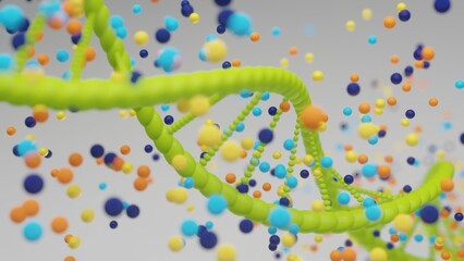 Image of a green dna helix with colour spheres emitting from it