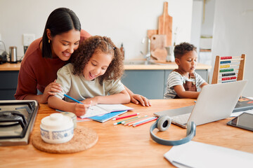 Mother and children doing homework at kitchen table, bonding and enjoying family time at home....