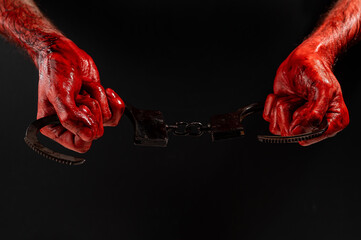 A man with bloody hands holds iron handcuffs. - obrazy, fototapety, plakaty