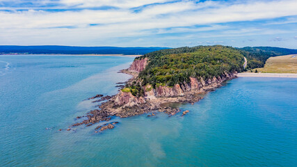 Drone view of Green Island in Canada. Island Aerial View. Beach Island. Blue Water Island.