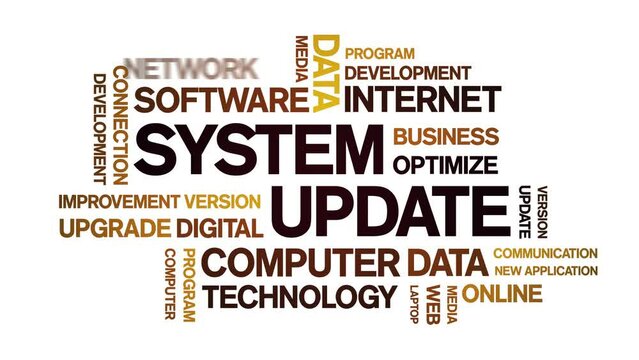 System Update animated tag word cloud;text design animation kinetic typography seamless loop.