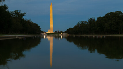 Washington Monument, Capitol, and World War II Memorial reflecting in the Reflecting Pool  at Sunset in Summer