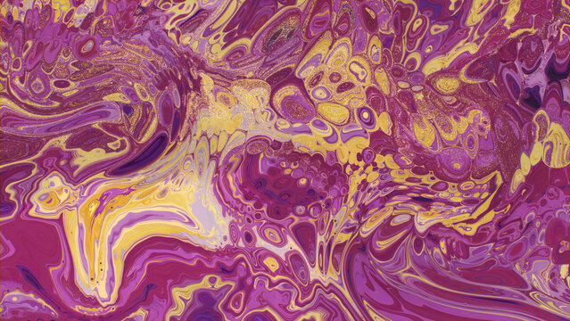 Flowing Elegant Design Background in Beautiful Violet and Yellow colors. Liquid texture with Gold Glitter.