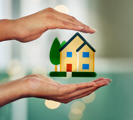 . Hands holding house, symbol of home cover, insurance or property with bokeh background. Investment, protection and security advertisement with image, diagram and graphic of a house or apartment.