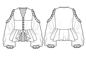 Bohemian Blouse, Bishop Sleeve Cold Shoulder Frill Peplum Blouse  Front and Back View. Fashion Illustration, Vector, CAD, Technical Drawing, Flat Drawing.	